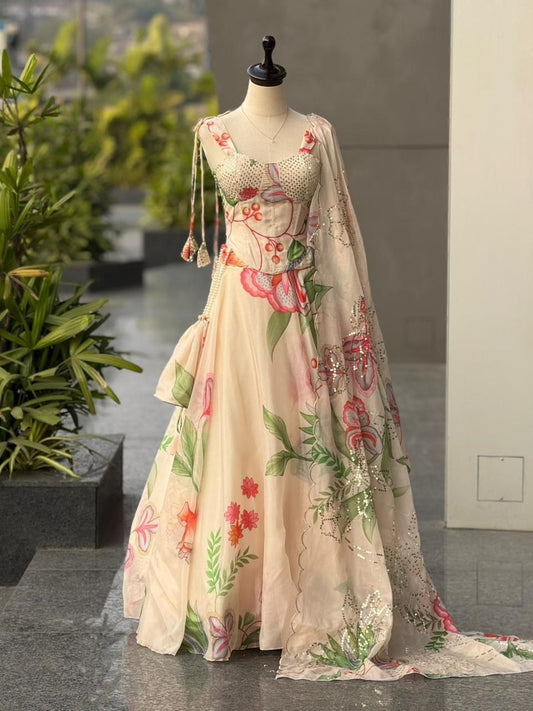 Floral Digital Printed Jimmy Organza Lehenga Choli with Corset Blouse and Designer Batwa Bag