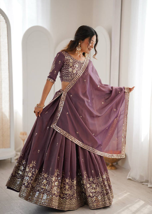 Grape Wine Shimmer Silk Lehenga Choli with Sequin Embroidery and CanCan for Indian Wedding