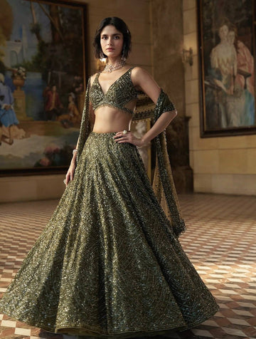 Sequinned Olive Green Chinon Silk Lehenga Choli with Dori Work for Indian Wedding Guest