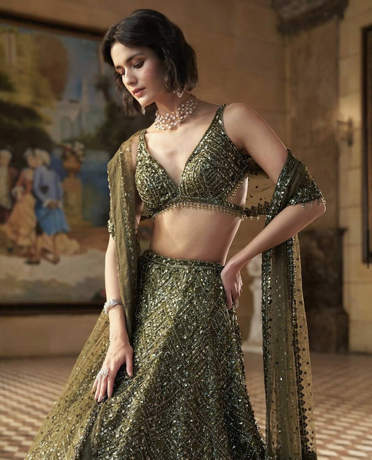 Sequinned Olive Green Chinon Silk Lehenga Choli with Dori Work for Indian Wedding Guest