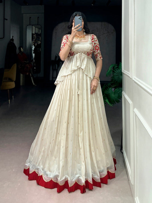 Ivory Silk Lehenga Choli with Embroidered Peplum Koti Jacket Red Border Skirt Set