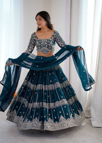 Peacock Blue Faux Georgette Lehenga Choli with Thread Embroidery for Indian Wedding Guest Wear
