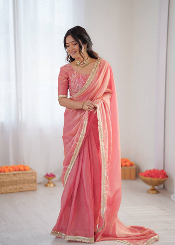 Ready to Wear Pink Fendi Silk Saree with Sequin Embroidered Blouse for Party Wear