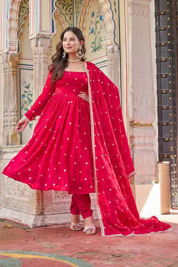 Rani Pink Fendi Silk Anarkali Suit with Sequin Embroidery and Dupatta for Wedding Guest