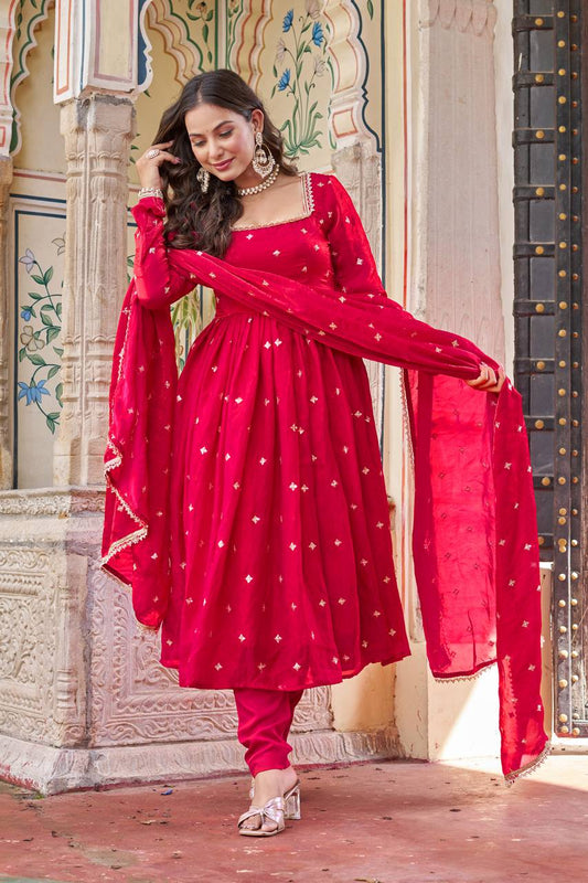 Rani Pink Fendi Silk Anarkali Suit with Sequin Embroidery and Dupatta for Wedding Guest