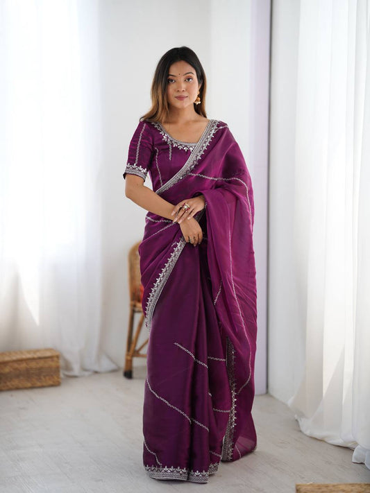 Luxury Wine JMC Silk Saree with Sequin Embroidery and Designer Blouse for Wedding Guest