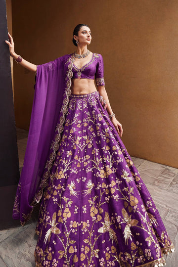 Royal Purple Thai Silk Lehenga Choli with Sequin Bird Embroidery for Indian Wedding Guest