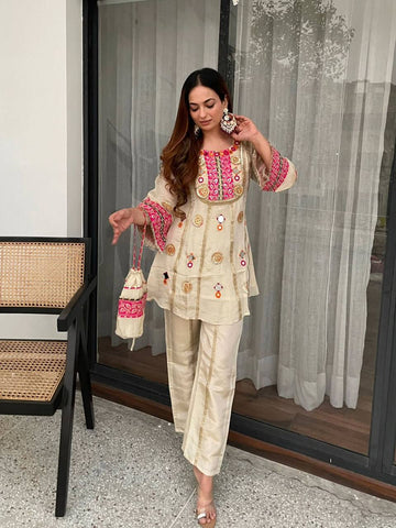 Ivory Cosmo Moss Palazzo Suit with Real Mirror Sequence Embroidery Peplum Kurti Set