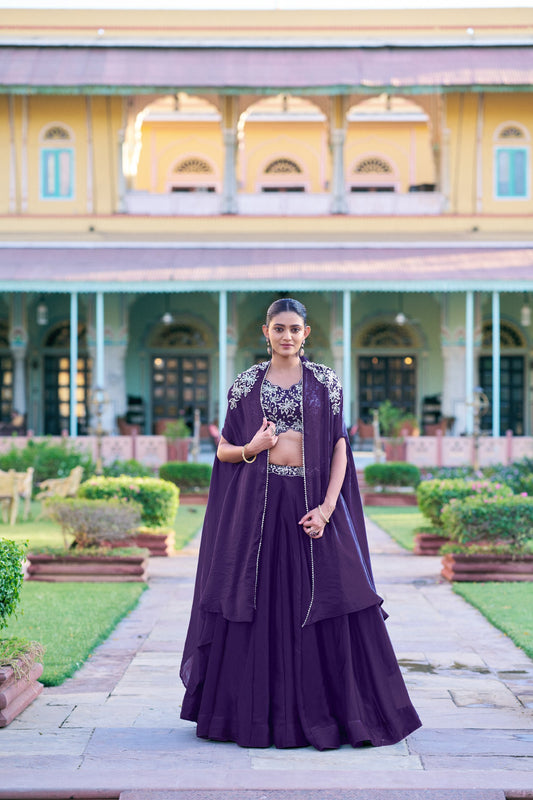 Violet Fendi Silk Shrug Lehenga Choli with Beads Sequins Zari Thread Embroidery Set