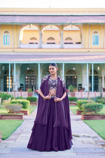 Violet Fendi Silk Shrug Lehenga Choli with Beads Sequins Zari Thread Embroidery Set
