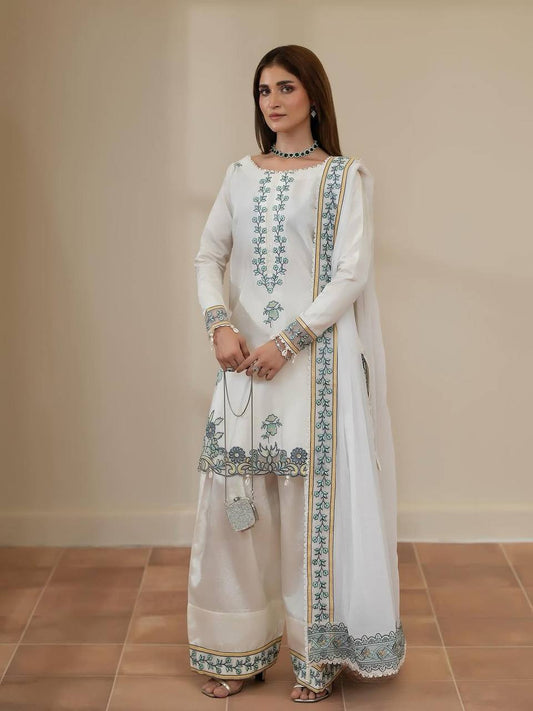 Off White HO Silk Farshi Salwar Suit with Green Thread Embroidery GPO Lace Dupatta