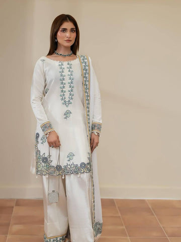 Off White HO Silk Farshi Salwar Suit with Green Thread Embroidery GPO Lace Dupatta
