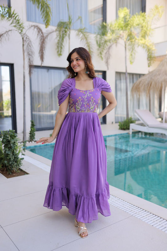 Violet Magenta Chanderi Silk Gown with Pleated Cap Sleeves Beads Thread Embroidery
