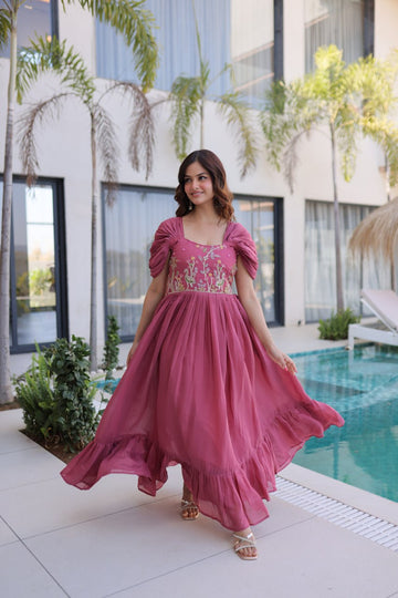 Violet Magenta Chanderi Silk Gown with Pleated Cap Sleeves Beads Thread Embroidery