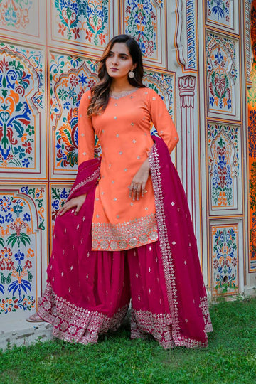 Peach Maroon Georgette Sharara Suit with 9mm Sequin Thread Embroidery Border Dupatta Set