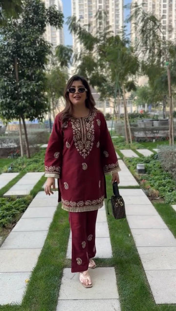 Brown Maroon Slub Rayon Kurti Set with Embroidered Flared Bell Bottom Pants Suit