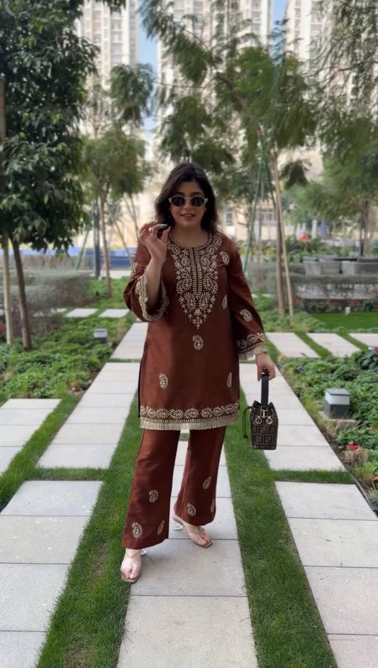 Brown Maroon Slub Rayon Kurti Set with Embroidered Flared Bell Bottom Pants Suit