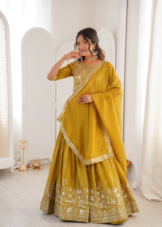 Shimmer Silk Lehenga Choli with Sequin Embroidery and CanCan for Indian Wedding Guest Wear