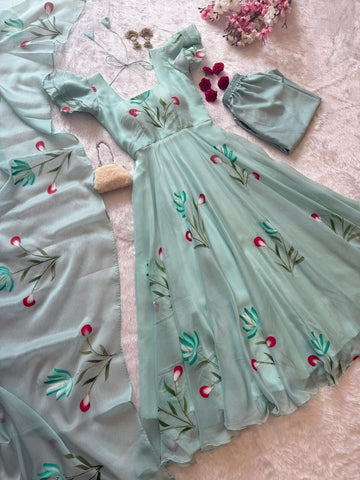 Ivory Handpainted Georgette Anarkali Gown with Buttersilk Pants Scalloped Lace Dupatta Set