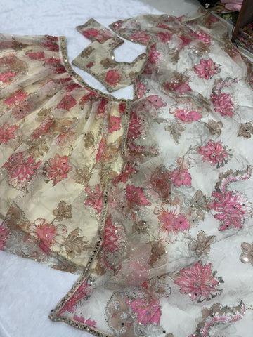 Ivory Net Lehenga Choli with Floral Real Mirror Sequin Embroidery Kamar Belt Set