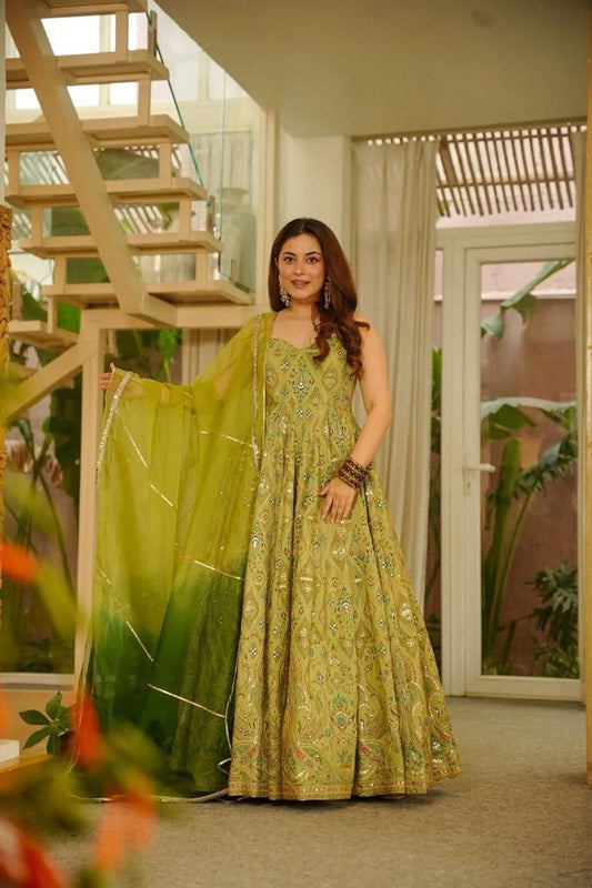 Lilac Floral Jimmy Organza Anarkali Gown with Sequin Designer Lace Border Dupatta Set