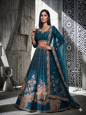 Teal Blue Net Lehenga Choli with Sequin Dori Heritage Embroidery Heavy Cancan Set