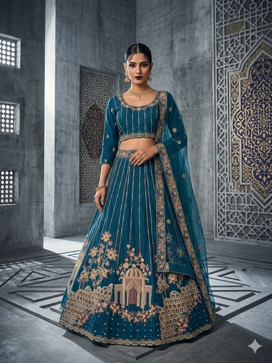 Teal Blue Net Lehenga Choli with Sequin Dori Heritage Embroidery Heavy Cancan Set