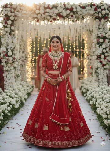 Red Georgette Lehenga Choli with Peacock Zari Embroidery Gota Ribbon Lace Dupatta Set