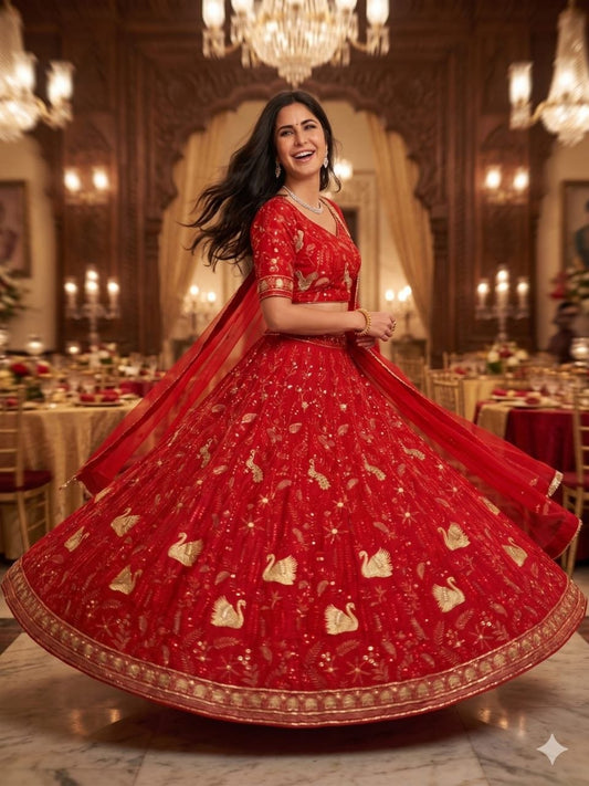 Red Georgette Lehenga Choli with Peacock Zari Embroidery Gota Ribbon Lace Dupatta Set