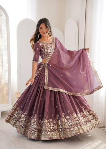 Grape Wine Shimmer Silk Lehenga Choli with Sequin Embroidery and CanCan for Indian Wedding