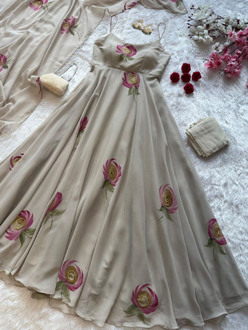 Handpainted Pastel Pink Faux Georgette Anarkali Suit with Huge Flair and Buttersilk Pant Set