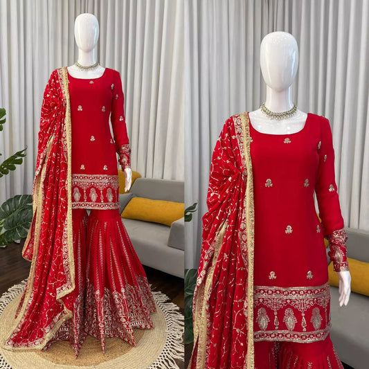 Red Chinon Silk Sharara Suit Set for Women with Dupatta | Festive & Wedding Wear Outfit | House of Saavi