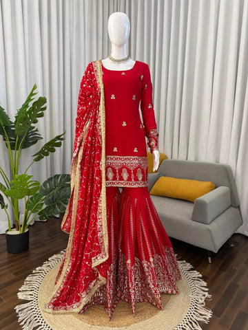 Red Chinon Silk Sharara Suit Set for Women with Dupatta | Festive & Wedding Wear Outfit | House of Saavi