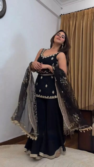 Black Faux Georgette Suit Set for Women with Palazzo & Net Dupatta – Party Wear & Festive Outfit | House of Saavi