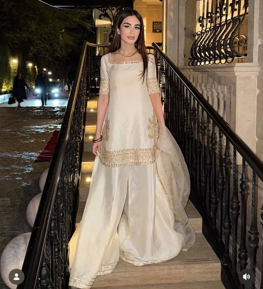 Natural Crepe Suit Set for Women with Organza Dupatta | Festive & Party Wear Palazzo Suit | House of Saavi