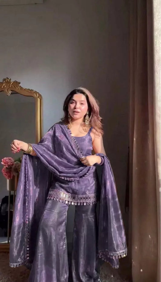 Fendy Silk Mirror Work Suit Set for Women with Dupatta | Party Wear & Festive Palazzo Suit | House of Saavi